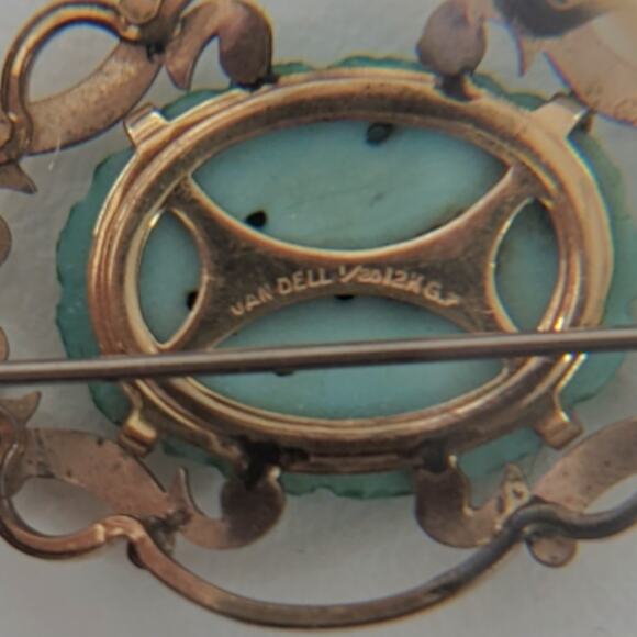 VTG Van Dell Brooch & Earrings GF Gold Filled Faux Jade Green Peking Glass - Picture 7 of 7